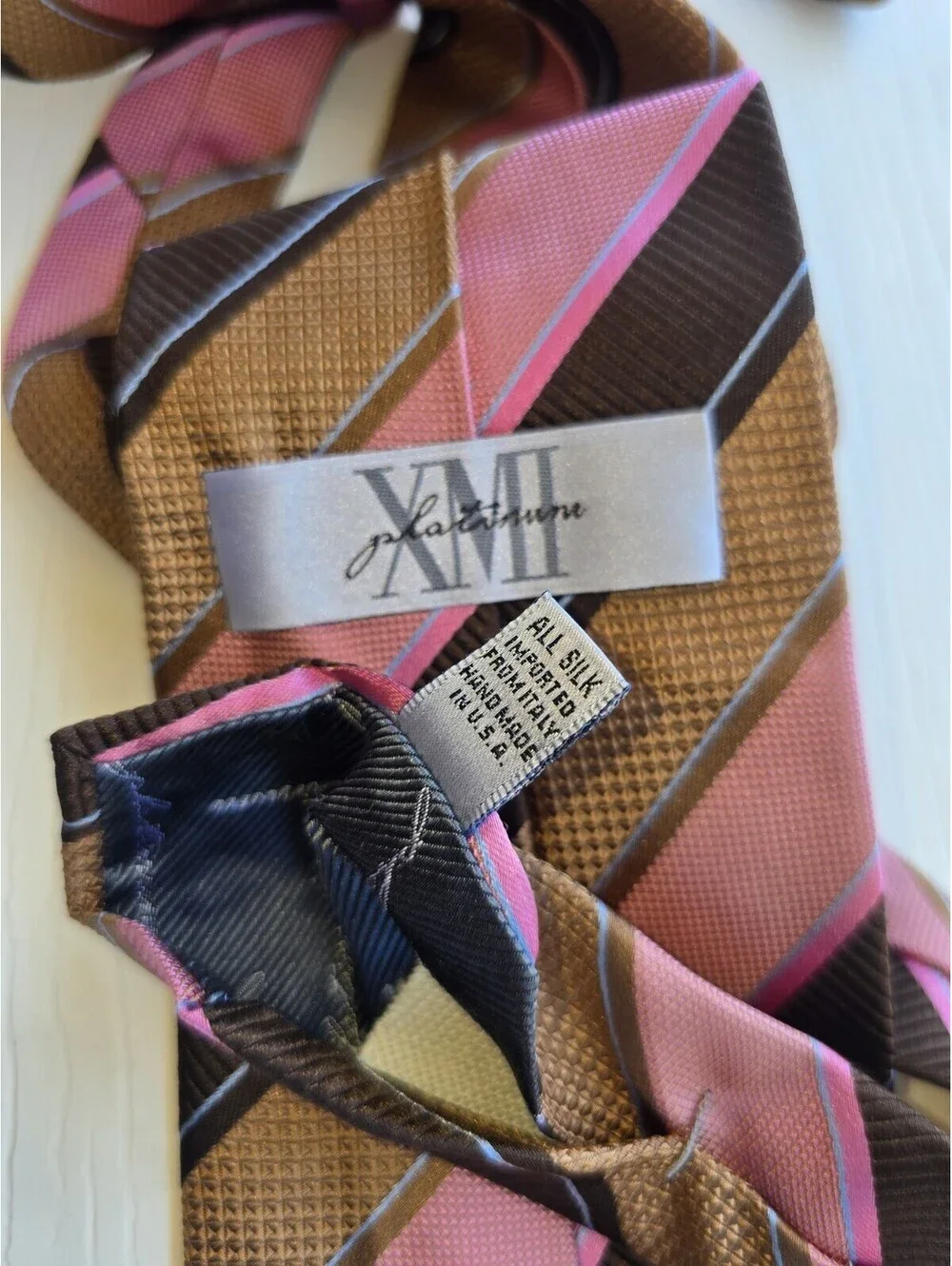 XMI Platinum Pink Brown Striped 100% Silk Men's Necktie